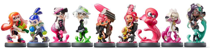 amiibo of various splatoon characters. from left to right, they are inkling girl, inkling boy, callie, marie, octoling girl, octoling boy, octoling, pearl, and marina. each are posed mimicking their official art renders, and have ink splashing up from the base of the figure.